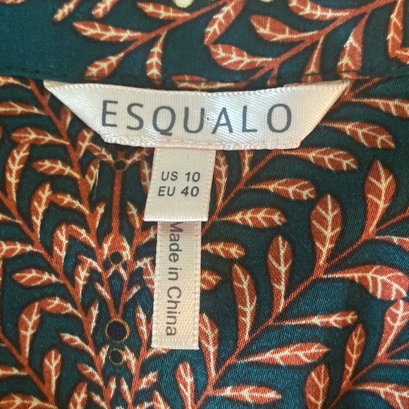 Esqualo Dark Green Cognac Lead Print Satin Button Down Blouse - 10 - Picture 9 of 12